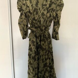 Moon River Green and Black Puff Sleeve V-Neck Sundress